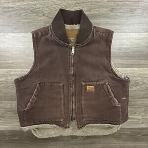 Vintage Workwear Vest Mens Large Brown Sherpa Lined Canvas Utility Faded Moca